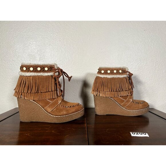 Sam Edelman Kemper Wedge Boots  Womens Sz 5 Suede Fringe Studded Platform - Picture 3 of 11
